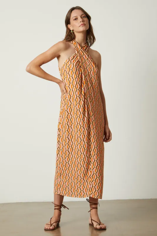 CATERINA GEO PRINT CREPE DRESS IN ORANGE sold by Velvet Tees