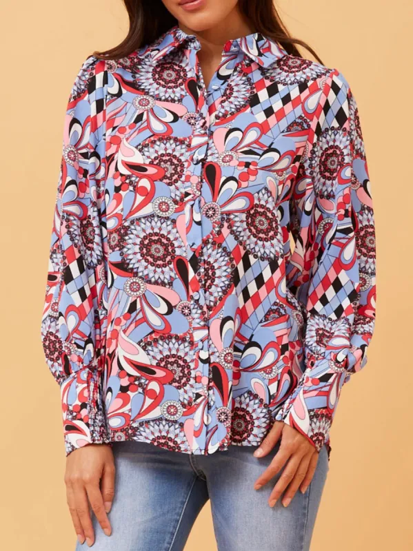 CAROLINE K MORGAN WIDE CUFF PRINT TOP sold by Yeltuor