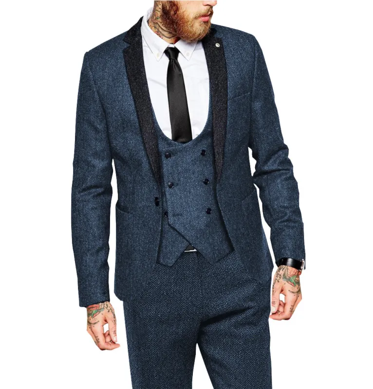 Vintage Classical 3 Piece Mens Suit Herringbone Notch Lapel Blazer (Blazer Vest+Pants) sold by Mens Event Wear