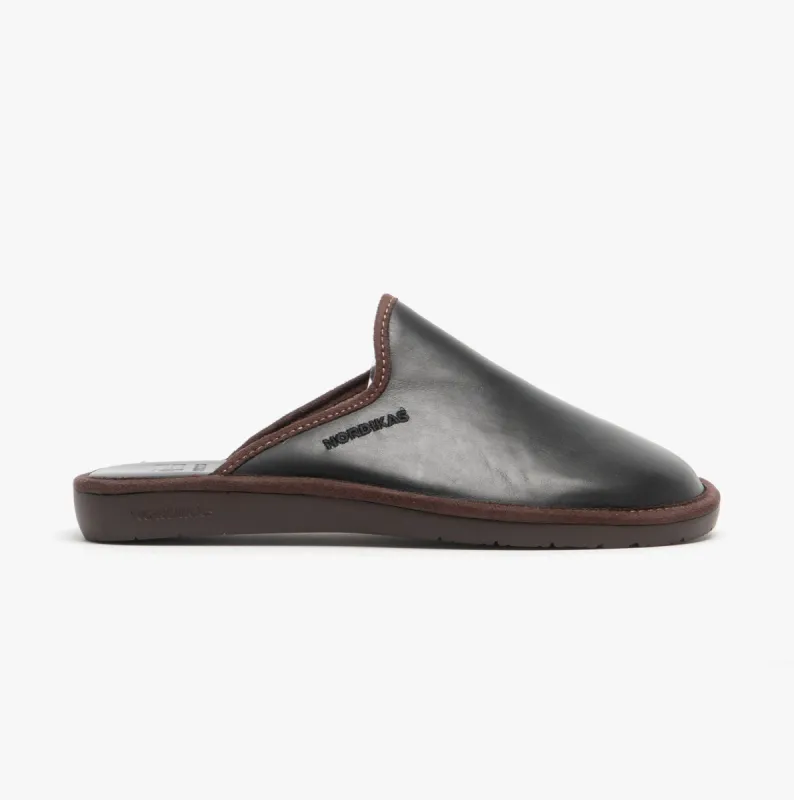 136 (DUBLIN) Mens Leather Mule Slippers Black sold by House of Slippers
