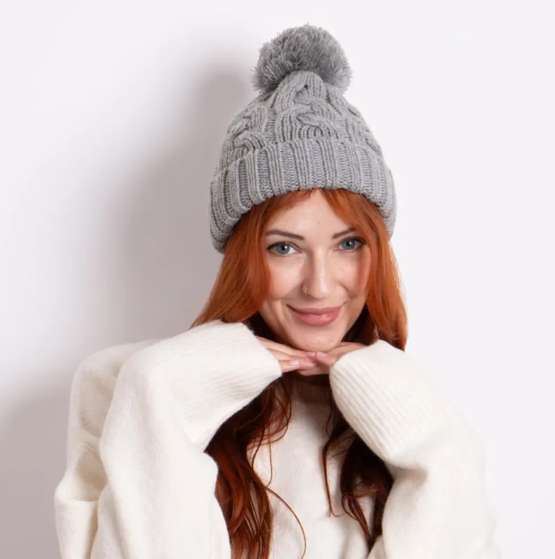 Totes Toasties CABLE KNIT Hat with Pom Pom Womens Bobble Grey sold by House of Slippers