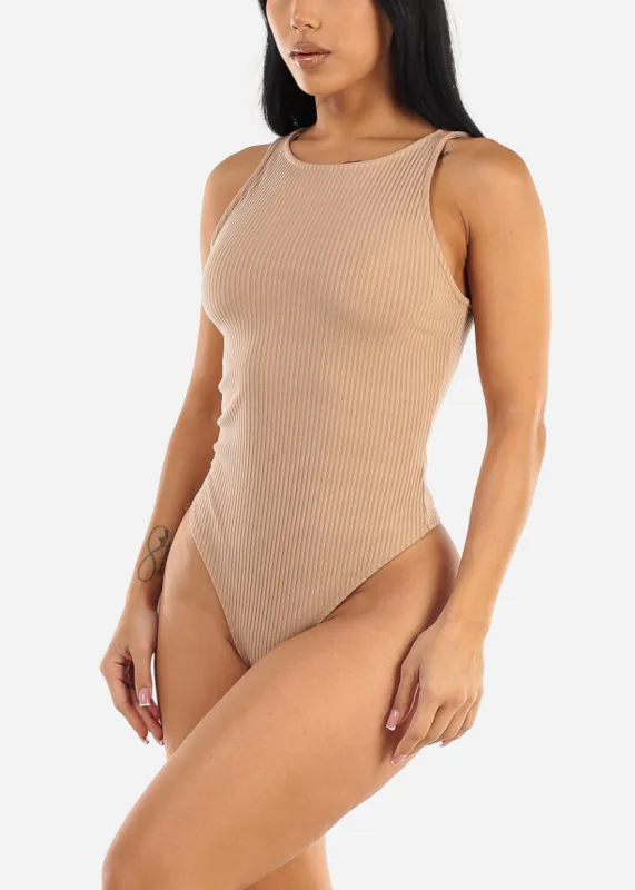 Sleeveless Ribbed Thong Bodysuit Khaki sold by Moda