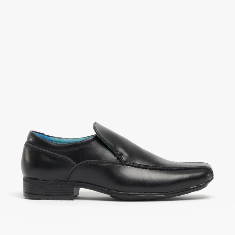 Front BELMONT Boys Leather Tramline Loafers Black sold by Shuperb