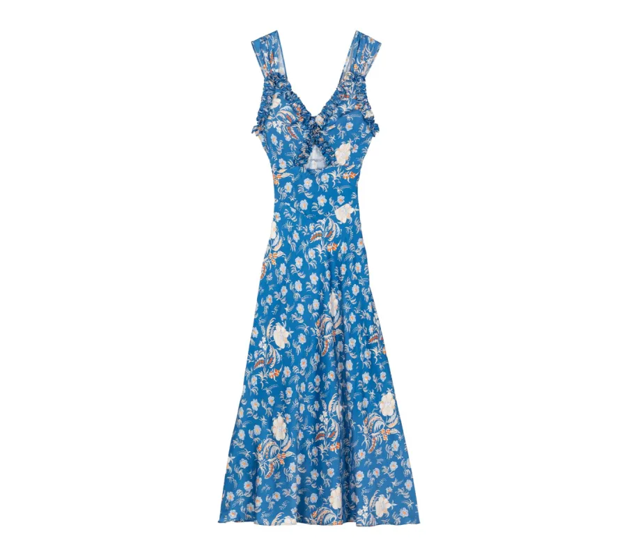 HMD -- AMORETTA DRESS -- AZURE HOLLYHOCK HILLS sold by Doen