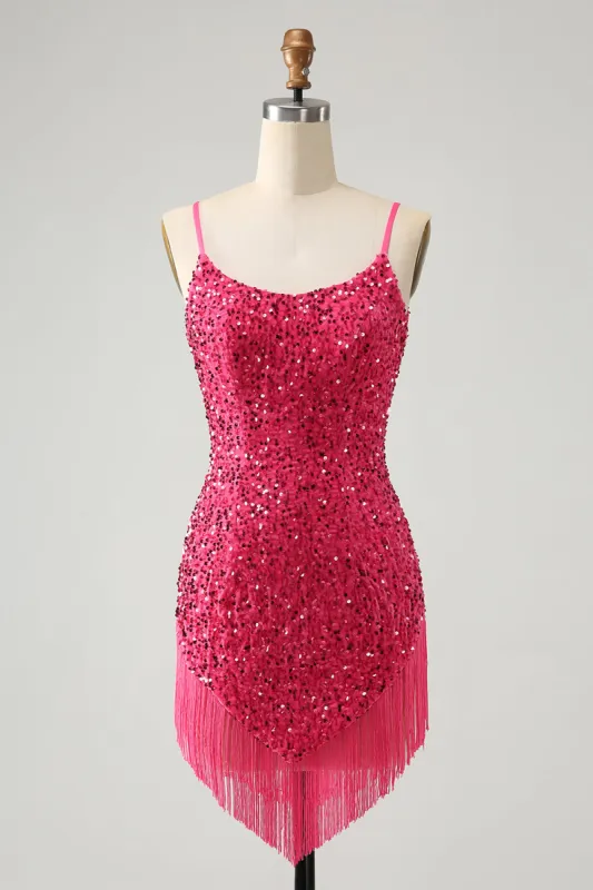 Fuchsia Sequins Spaghetti Straps Short Homecoming Dress with Tassels sold by Zapaka