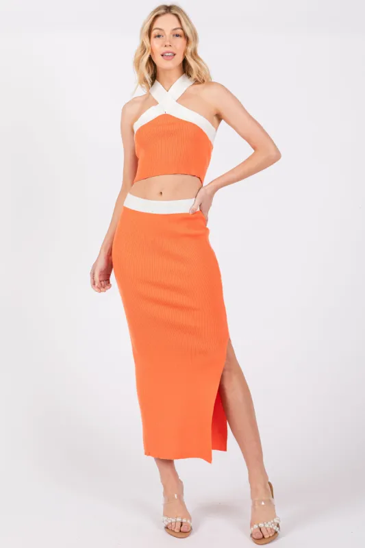 Orange Colorblock Knit Crop Top Skirt Set sold by Pinkblush
