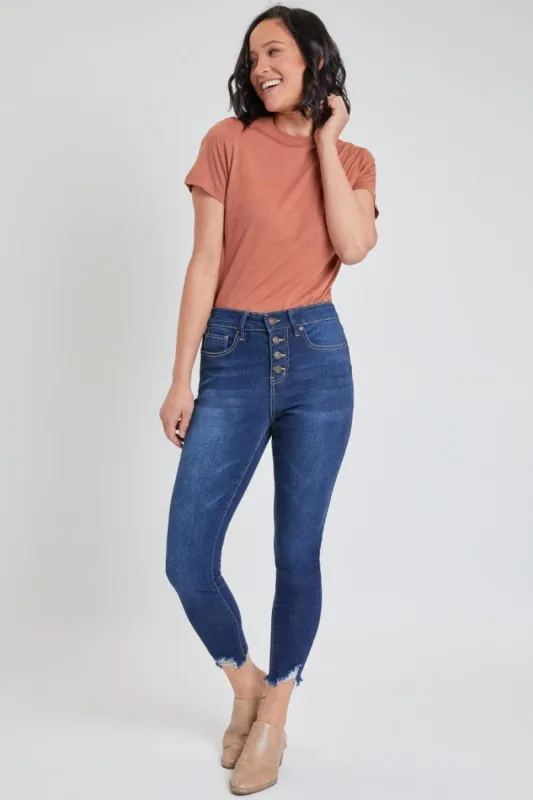 Women's Exposed 4 High Rise Button Skinny Ankle Sustainable Jeans sold by YMI