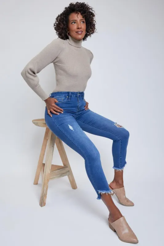 Women's Curvy Fit High Rise Frayed Slanted Ankle Jean sold by YMI