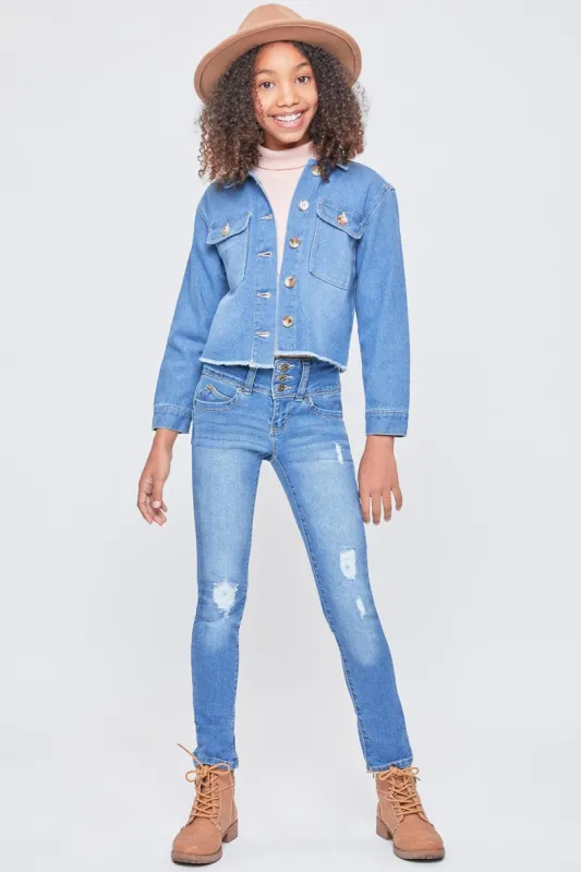 Girls Patch Pocket Oversized Denim Jacket With Fray Hem sold by YMI