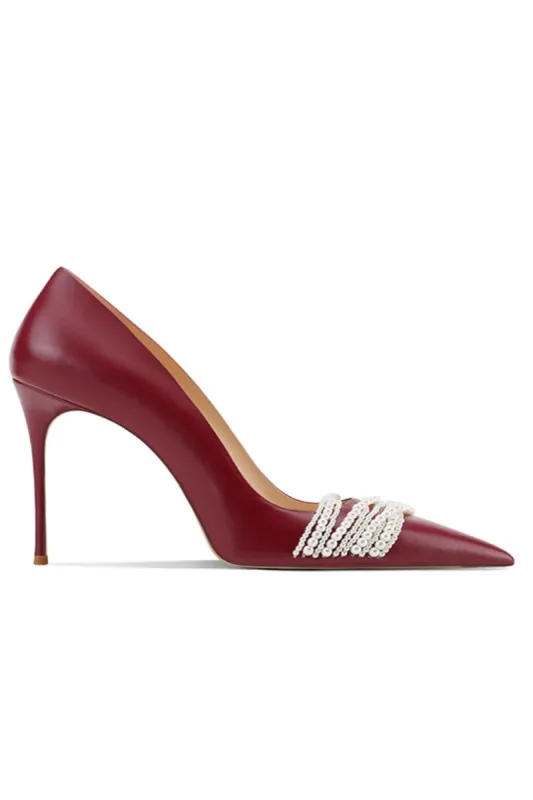 Burgundy Leather Upper Pearl Mid Heel Pumps sold by KissProm