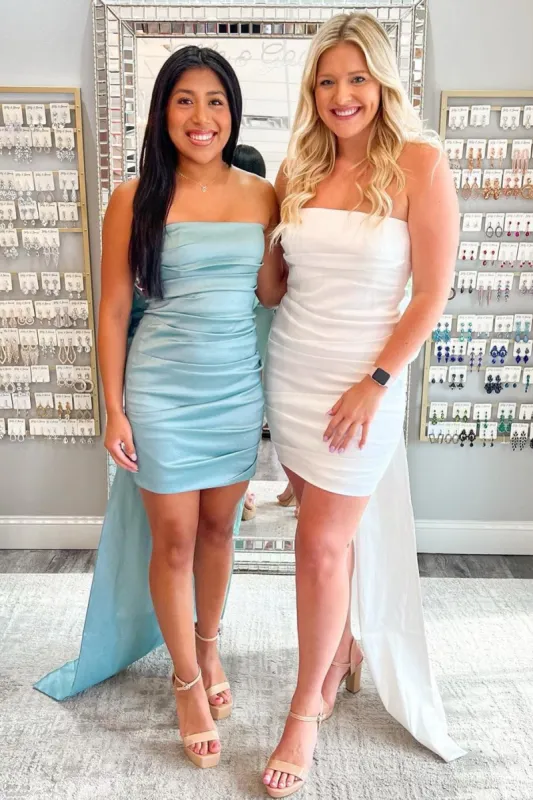 White Strapless Bow Back Ruching Short Dress sold by KissProm