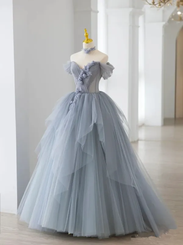 Smoke Gray Ball Gown Off The Shoulder Lace-Up Back Quinceanera Dress sold by KissProm