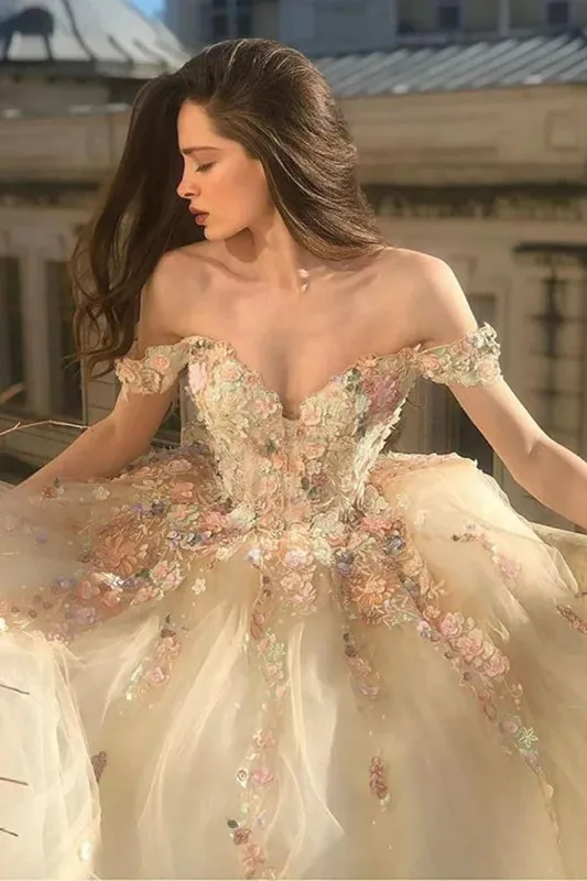 Narelle | Off Shoulder Long Champagne Lace Champagne Quinceanera Dresses sold by KissProm