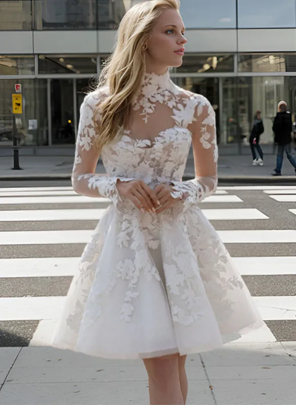 Marilla | Short White A-Line Illusion Neck Long Sleeves Lace Wedding Dresses sold by KissProm