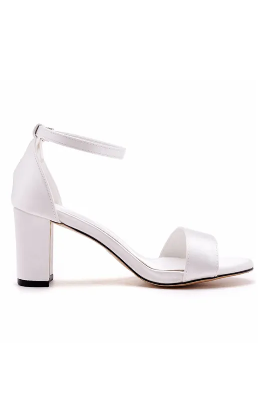 Brief Ivory Satin Open Toe Ankle Strap Chunky Heeled Sandals sold by KissProm