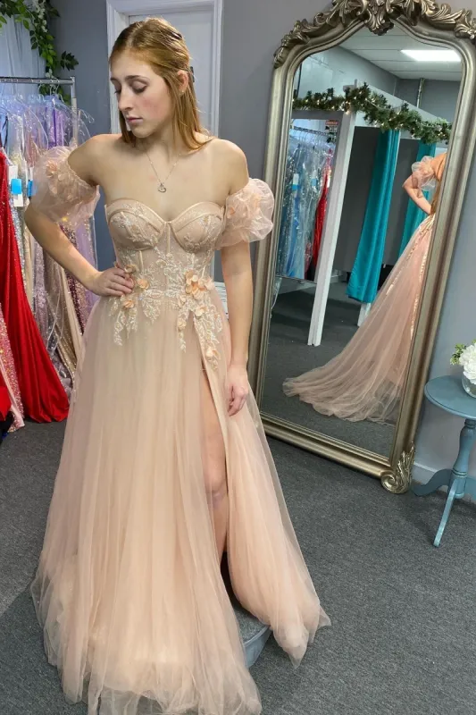 Tulle 3D Floral Lace Sweetheart A-Line Prom Dress with Slit sold by KissProm