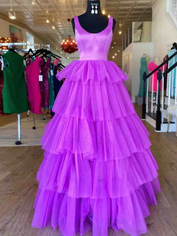 A Line Ruffles Purple Tulle Long Prom Dress sold by KissProm