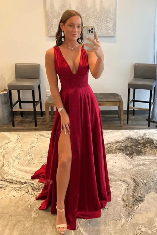 Novah | Burgundy V Neck Lace Long Prom Evening Dress with High Slit sold by KissProm