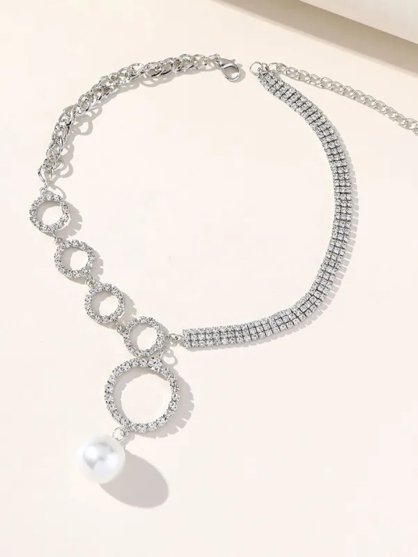 Silver Simple Rhinestones Pearl Asymmetrical Necklace sold by KissProm