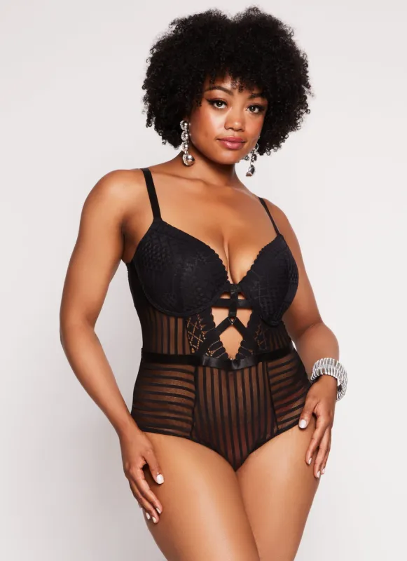 Plus Size Mesh Lace Bustier Bodysuit sold by Rainbow