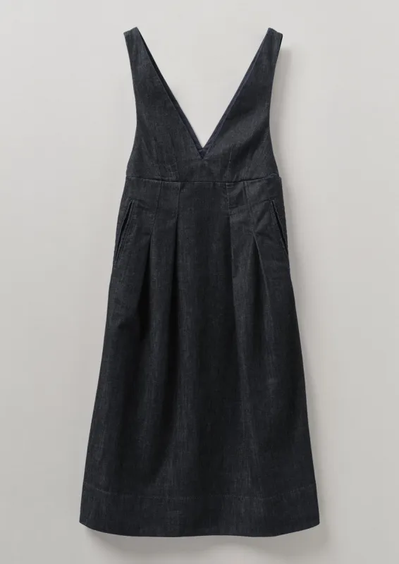 V-Neck Organic Indigo Denim Pinafore Dress | Indigo sold by TOAST