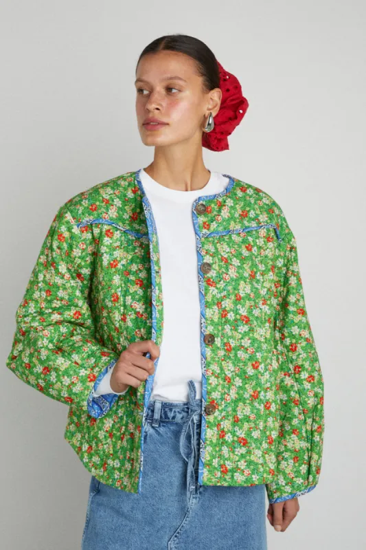 macy quilted jacket - green floral sold by Damson Madder