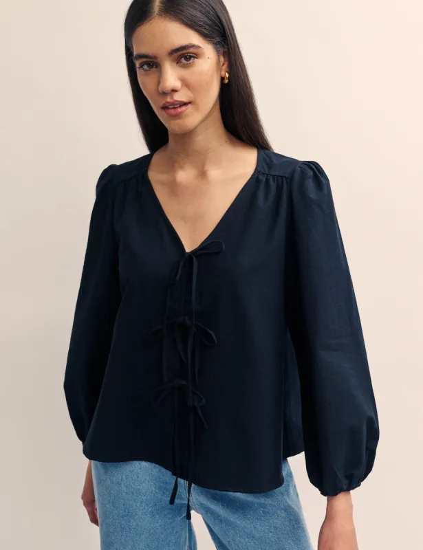 Black Tie Front Bernadetta Blouse sold by Nobody's Child