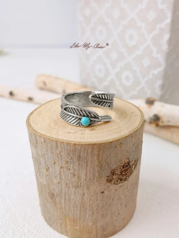Turquoise Band Feather Boho Silver Ring sold by Like My Choice