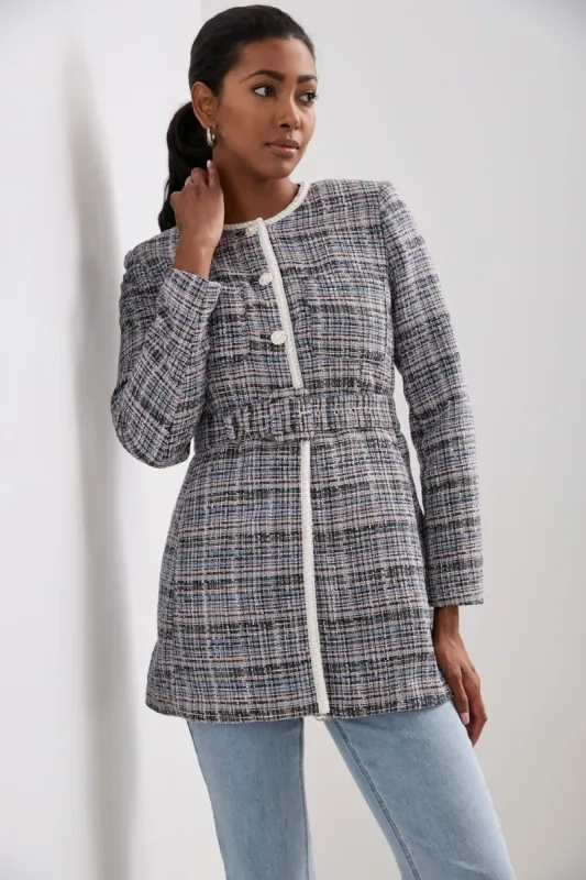 Long textured blazer with belt sold by Tristan Style