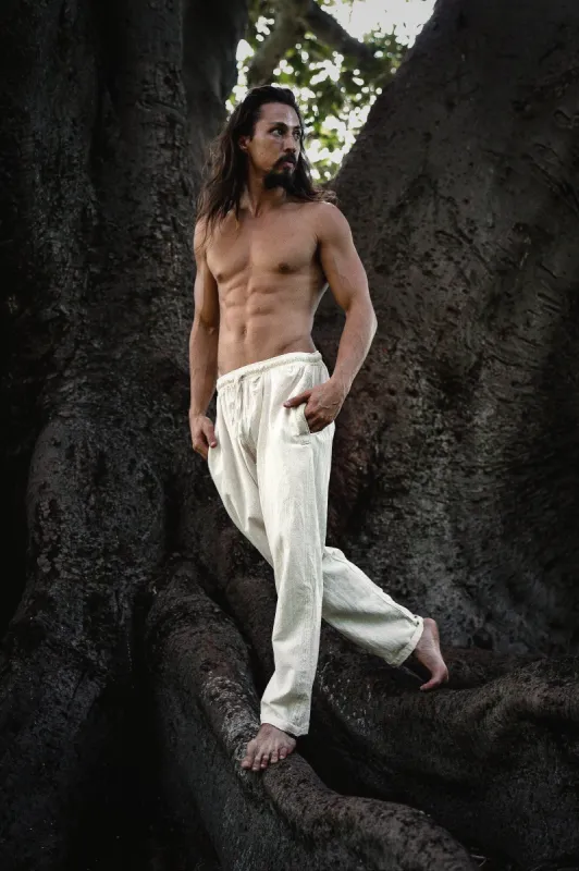 ANANDA Simple Mens Pants Beige Organic Hemp and Cotton Handmade Pockets, Eco friendly, Sustainable Comfortable Earthy Yoga Gypsy Boho AJJAYA sold by Ajjaya