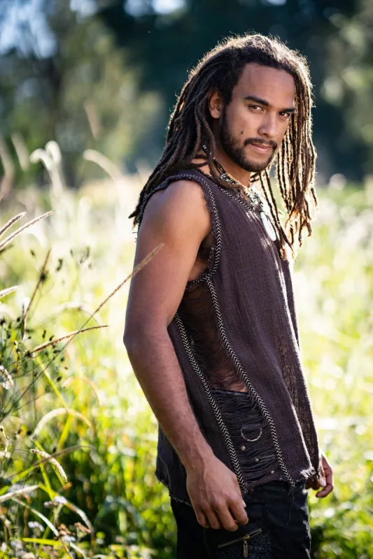 Mens Sleeveless Tank Top DHATU Cotton Shirt Slashed Open Sides Brown Semi See Through Breathable Tribal Gypsy Alternative Festival AJJAYA sold by Ajjaya