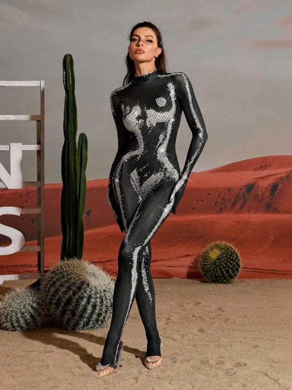 Radek Body Printed Rhinestone Gloves Jumpsuit In Silver sold by Mew Mews