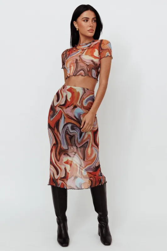 Priyanka Lettuce Edge Mesh Midi Skirt Brown Multi sold by Selfie Leslie