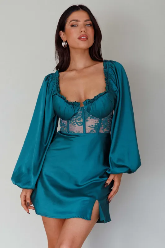 Trophy Long Sleeve Lace Bodice Mini Dress Forest Green sold by Selfie Leslie