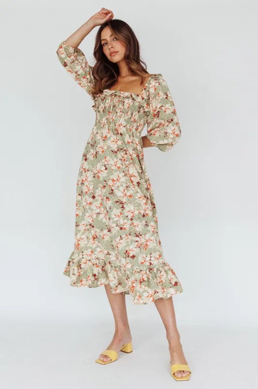 Flynn Balloon Sleeve Shirred Midi Dress Floral Green sold by Selfie Leslie