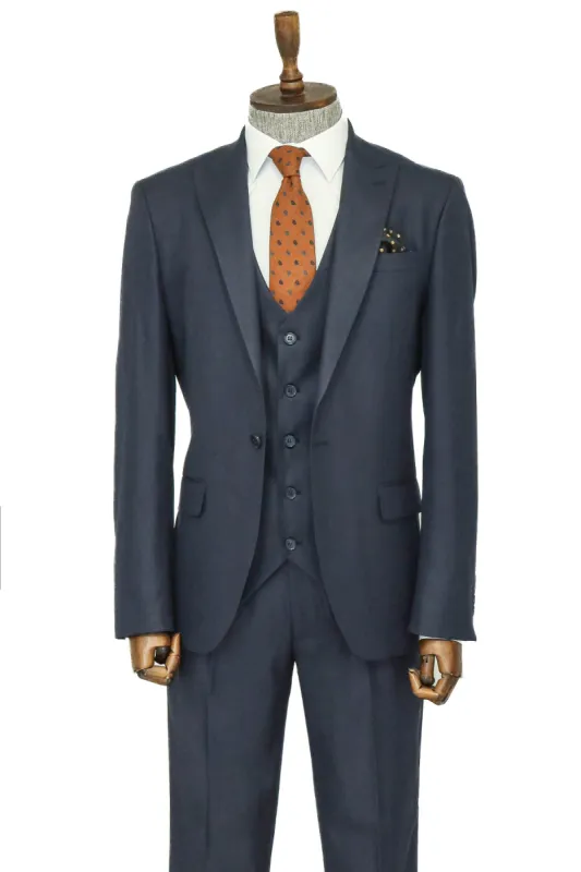 3 -Piece Single Button Peak Lapel Dark Blue Men Suit - Wessi sold by Wessi