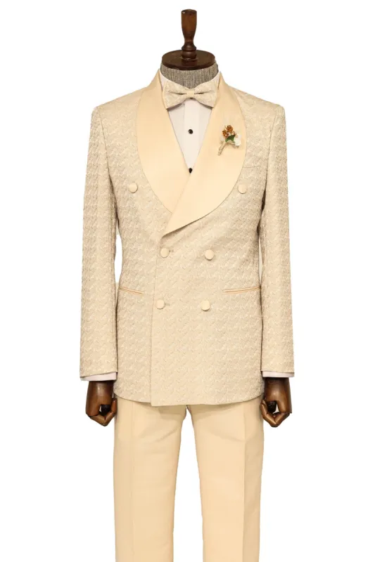 Satin Shawl Collar Patterned Double Breasted  Champagne Men Tuxedo Suit - Wessi sold by Wessi