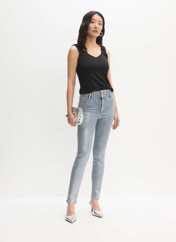 Ruched Strap Top & Metallic Slim-Leg Jeans sold by Melanie Lyne