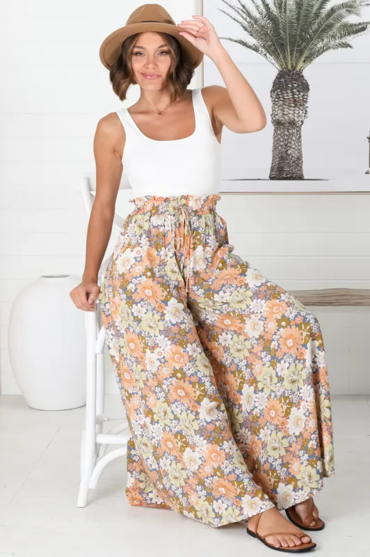 Avianna Pants - Paper Bag High Waisted Wide Leg Pants in Floral Print sold by Salty Crush