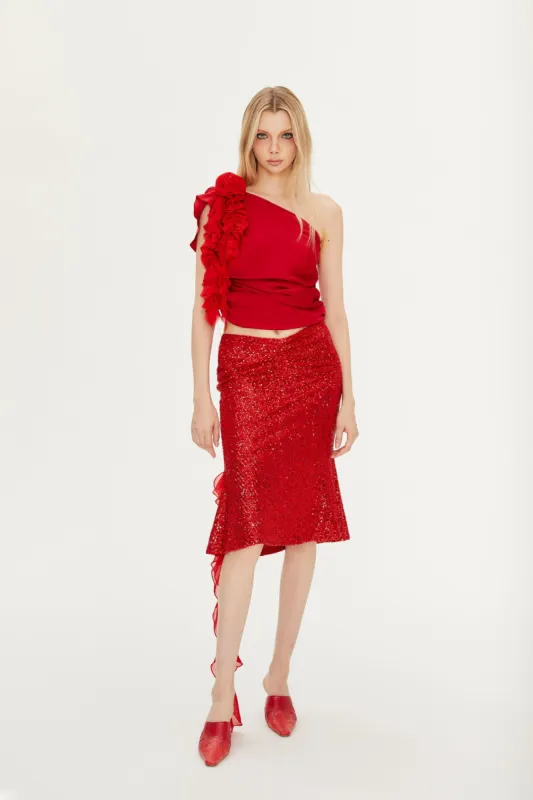 Dora Rose One Shoulder Top in Red sold by PANN