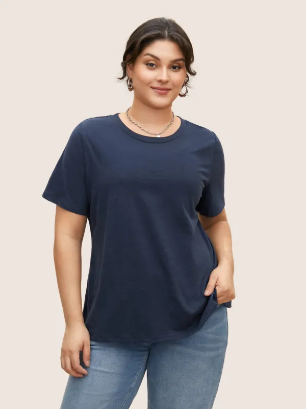 Cotton Solid Crew Neck Pit Strip T-shirt sold by Bloomchic