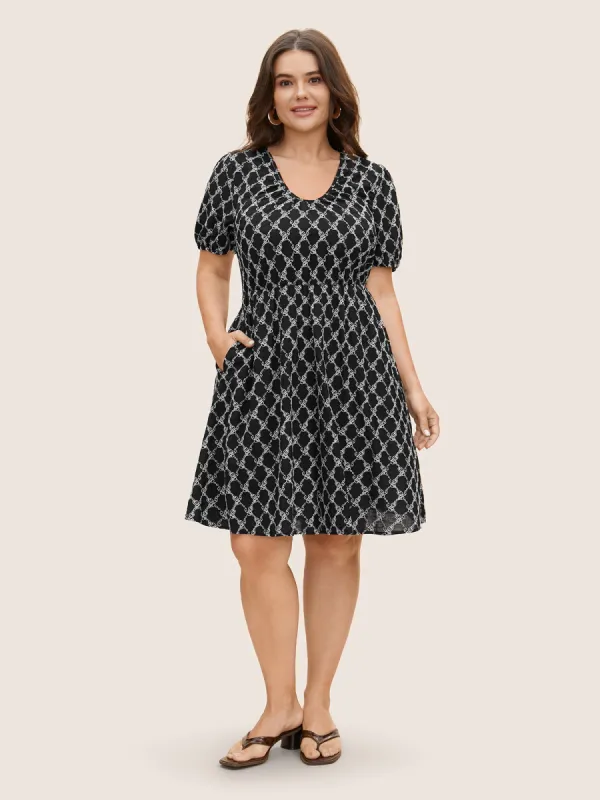 U Neck Geometric Tie Knot Puff Sleeve Dress sold by Bloomchic