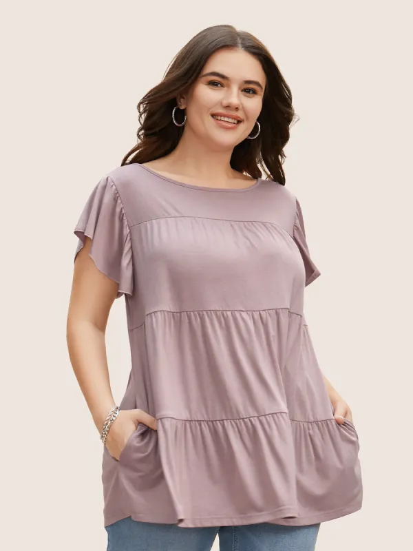 Solid Pocket Flutter Sleeve Patchwork Hem T-shirt sold by Bloomchic