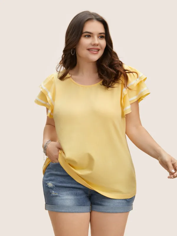 Crew Neck Tiered Ruffles Contrast Webbing T-shirt sold by Bloomchic