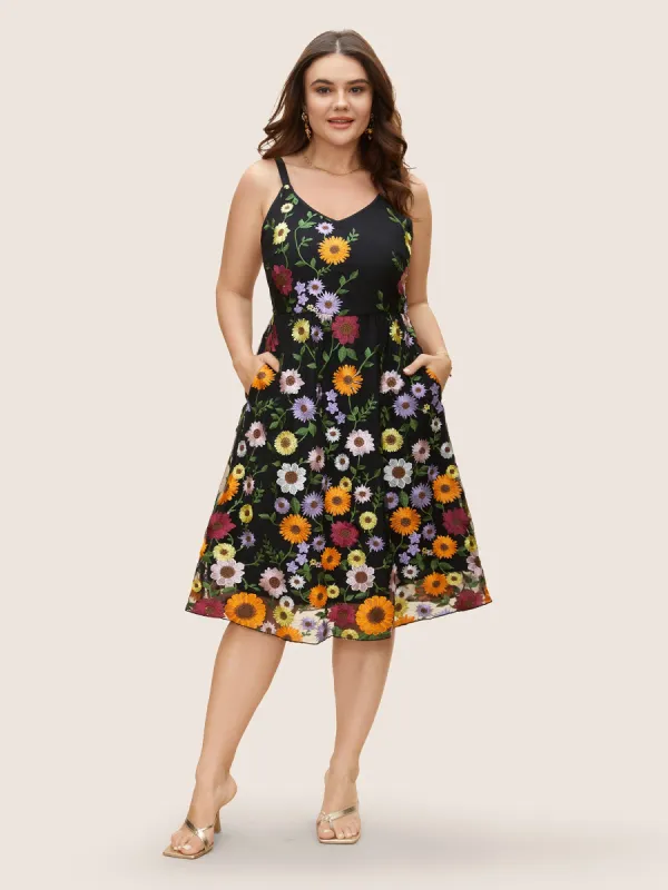 V Neck Floral Embroidered Mesh Cami Dress sold by Bloomchic