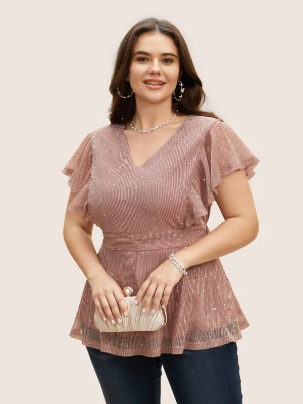 Glitter Mesh V Neck Ruffle Cap Sleeve Blouse sold by Bloomchic