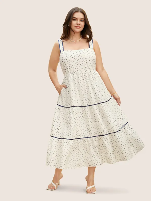 Ditsy Floral Contrast Webbing Ruffle Layered Hem Dress sold by Bloomchic