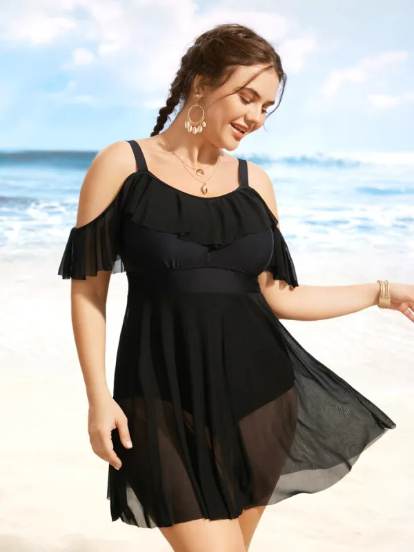 Solid Ruffle Trim Patchwork Mesh Swim Dress sold by Bloomchic
