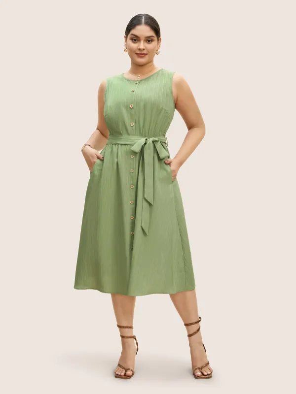 Plain Textured Crew Neck Button Detail Midi Dress sold by Bloomchic