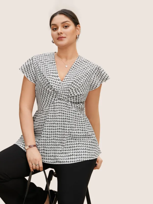 Geometric Wrap Flutter Cap Sleeve Blouse sold by Bloomchic